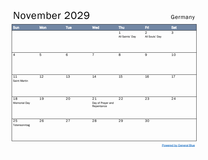 November 2029 Simple Monthly Calendar for Germany