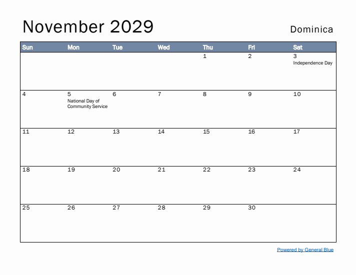 November 2029 Simple Monthly Calendar for Dominica