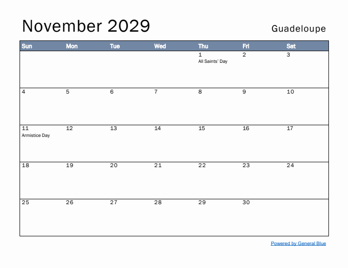 November 2029 Simple Monthly Calendar for Guadeloupe