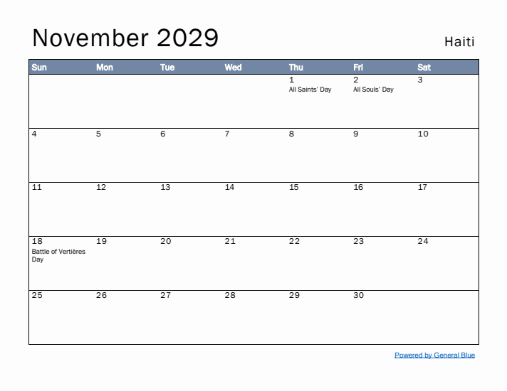 November 2029 Simple Monthly Calendar for Haiti