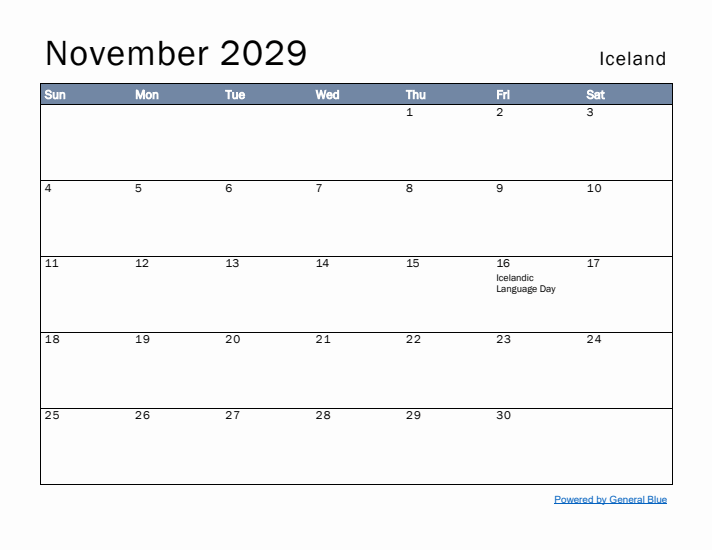 November 2029 Simple Monthly Calendar for Iceland