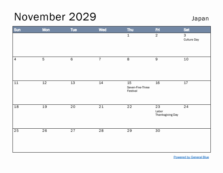 November 2029 Simple Monthly Calendar for Japan