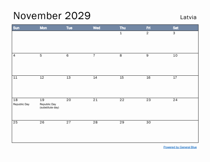 November 2029 Simple Monthly Calendar for Latvia