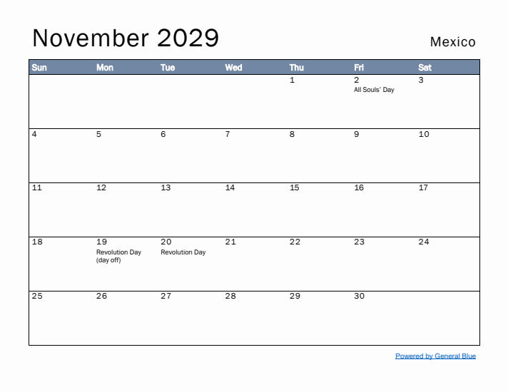 November 2029 Simple Monthly Calendar for Mexico