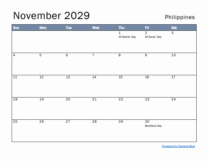 November 2029 Simple Monthly Calendar for Philippines