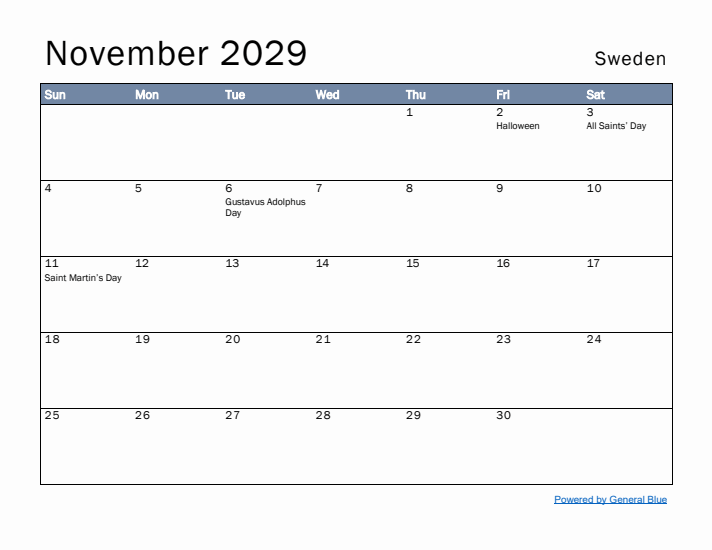 November 2029 Simple Monthly Calendar for Sweden