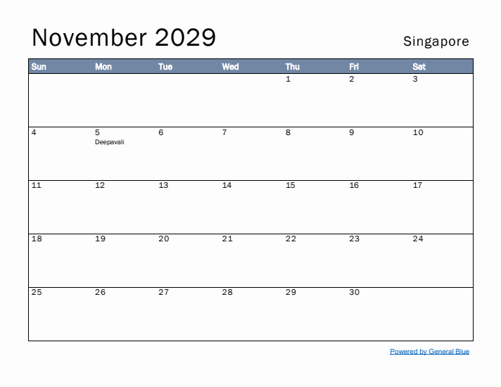 November 2029 Simple Monthly Calendar for Singapore