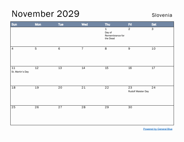 November 2029 Simple Monthly Calendar for Slovenia