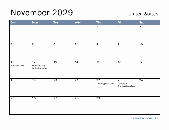 November 2029 Simple Monthly Calendar for United States