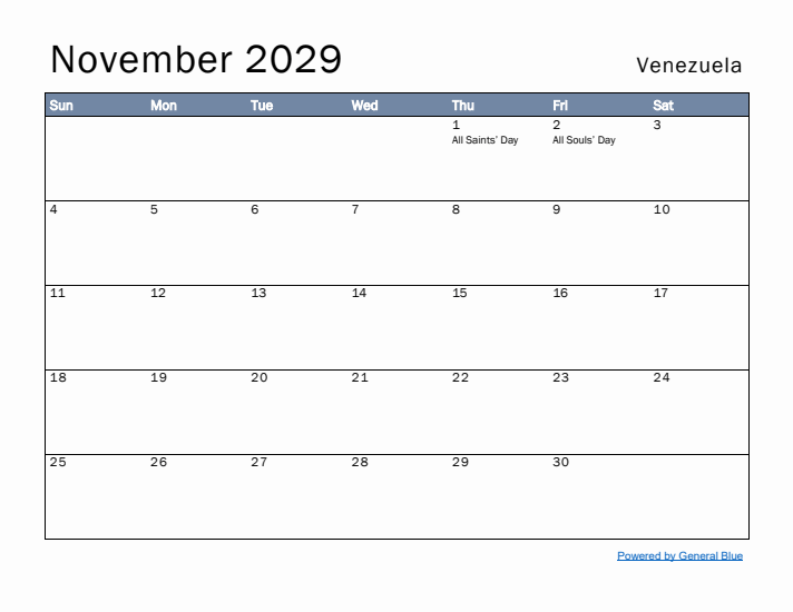 November 2029 Simple Monthly Calendar for Venezuela