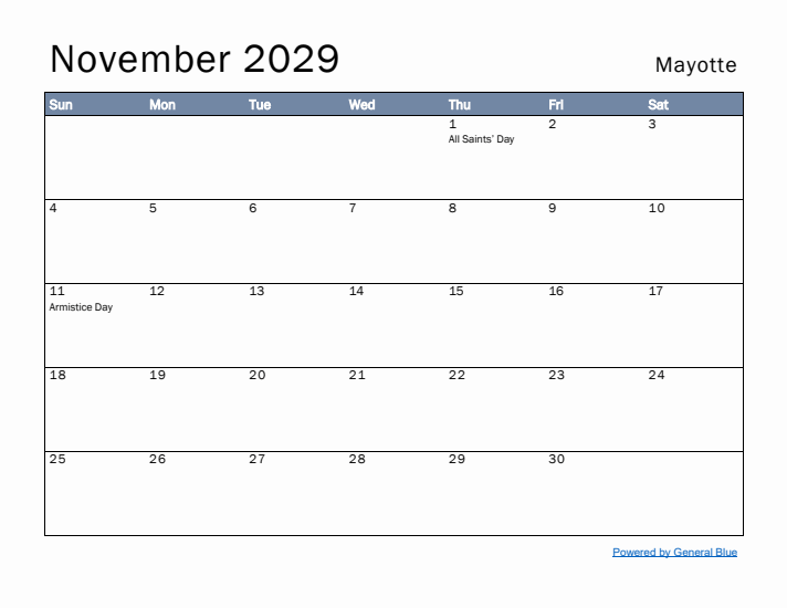 November 2029 Simple Monthly Calendar for Mayotte