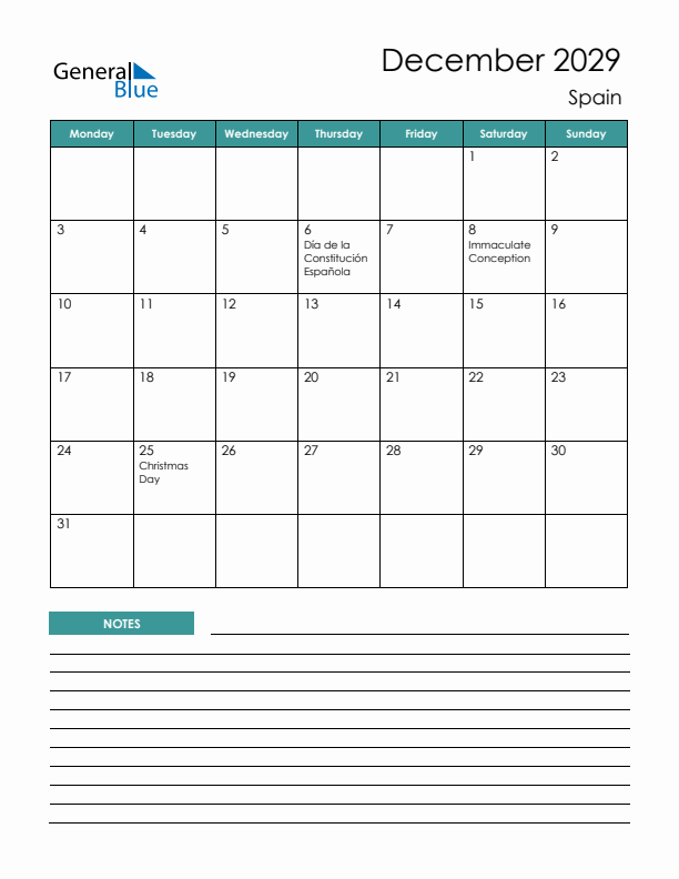 Calendar with Notes Printable - Monday Start