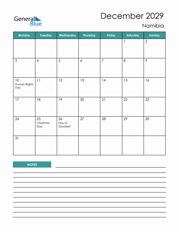 Calendar with Notes Printable - Monday Start