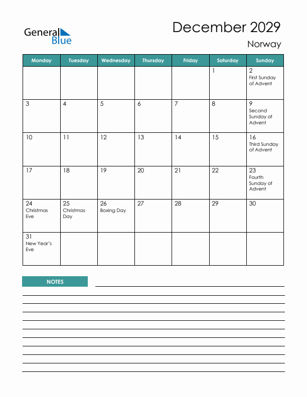 Calendar with Notes Printable - Monday Start