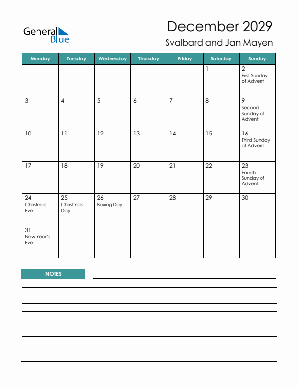 Calendar with Notes Printable - Monday Start