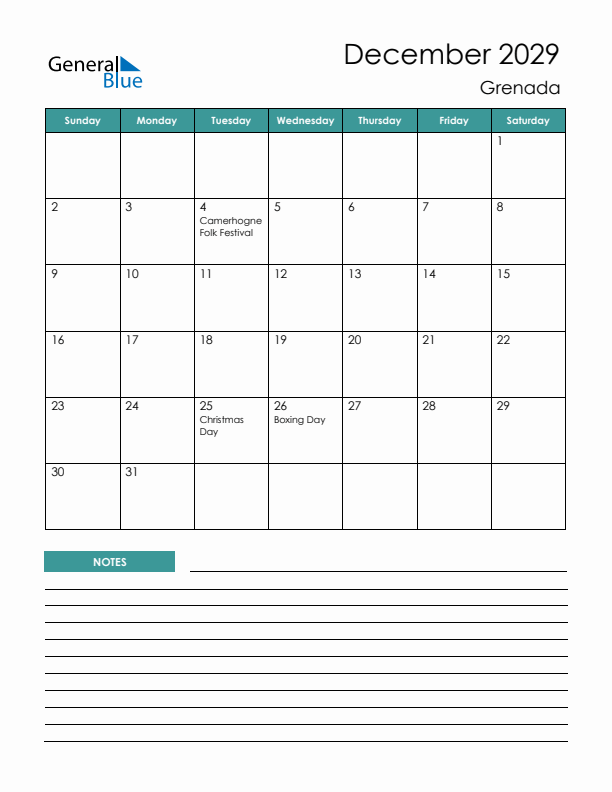 Calendar with Notes Printable - Sunday Start