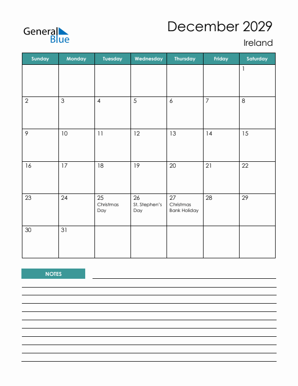 Calendar with Notes Printable - Sunday Start