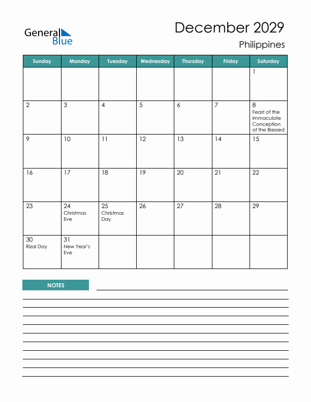 Calendar with Notes Printable - Sunday Start