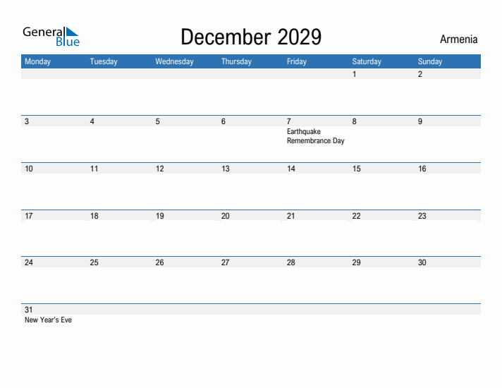 Fillable December 2029 Calendar