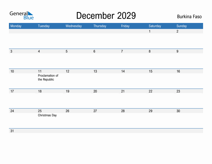 Fillable December 2029 Calendar