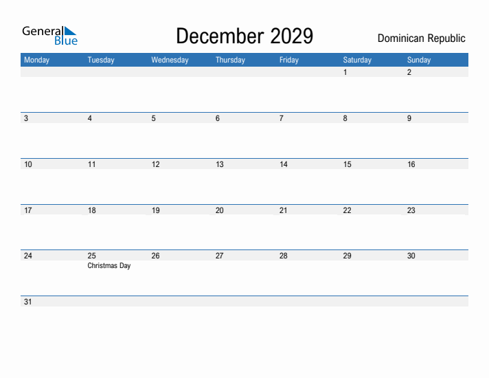 Fillable December 2029 Calendar