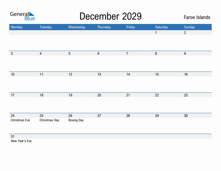 Fillable December 2029 Calendar