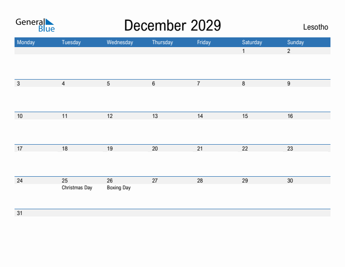 Fillable December 2029 Calendar