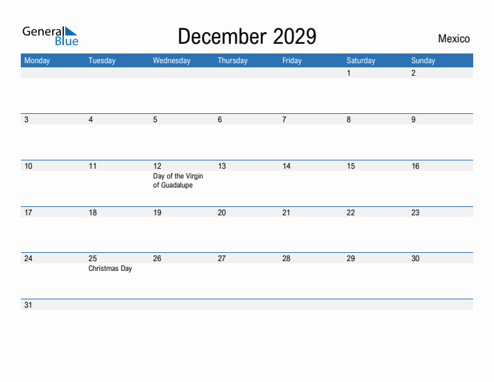 Fillable December 2029 Calendar