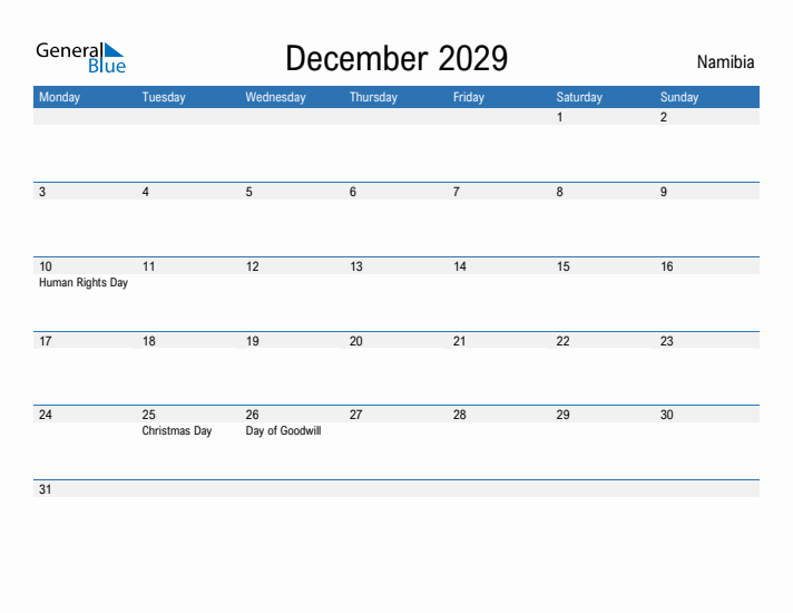 Fillable December 2029 Calendar