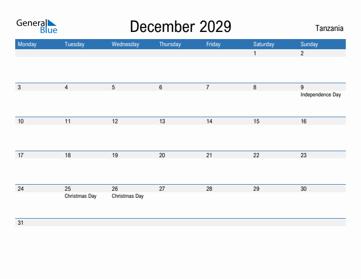 Fillable December 2029 Calendar