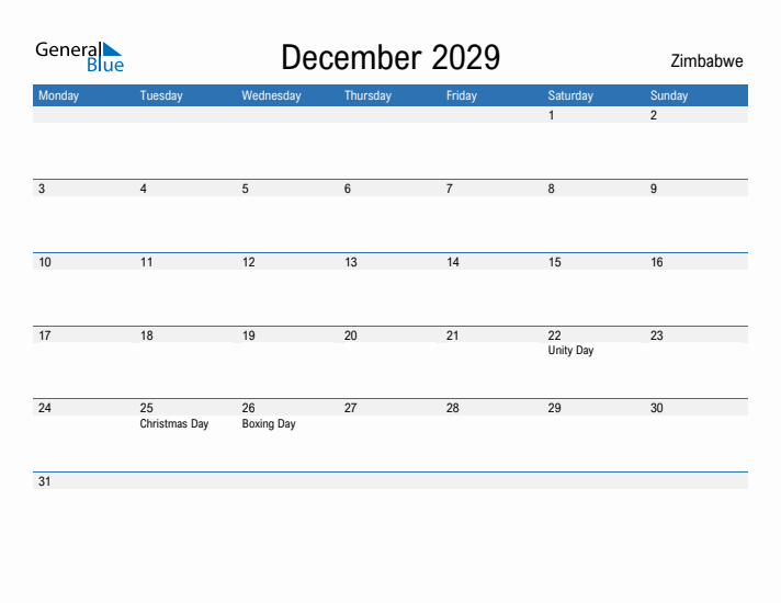 Fillable December 2029 Calendar