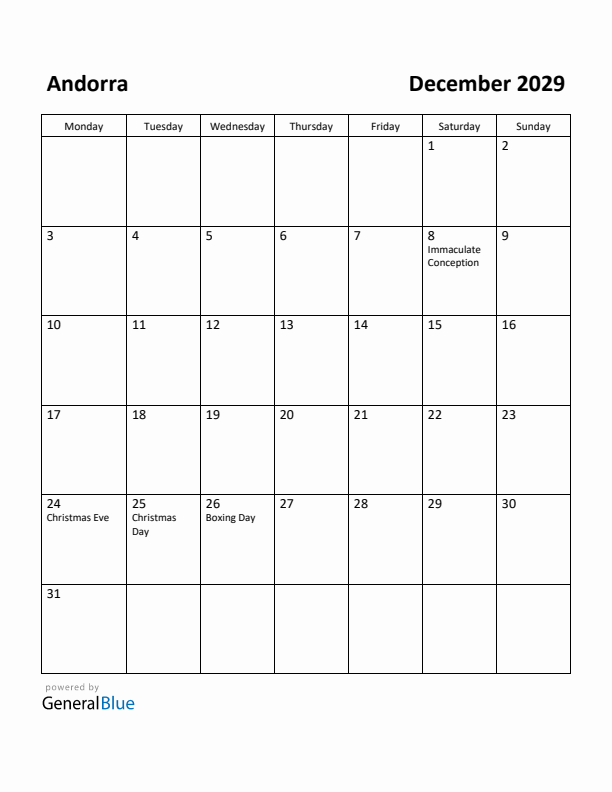 December 2029 Calendar with Andorra Holidays