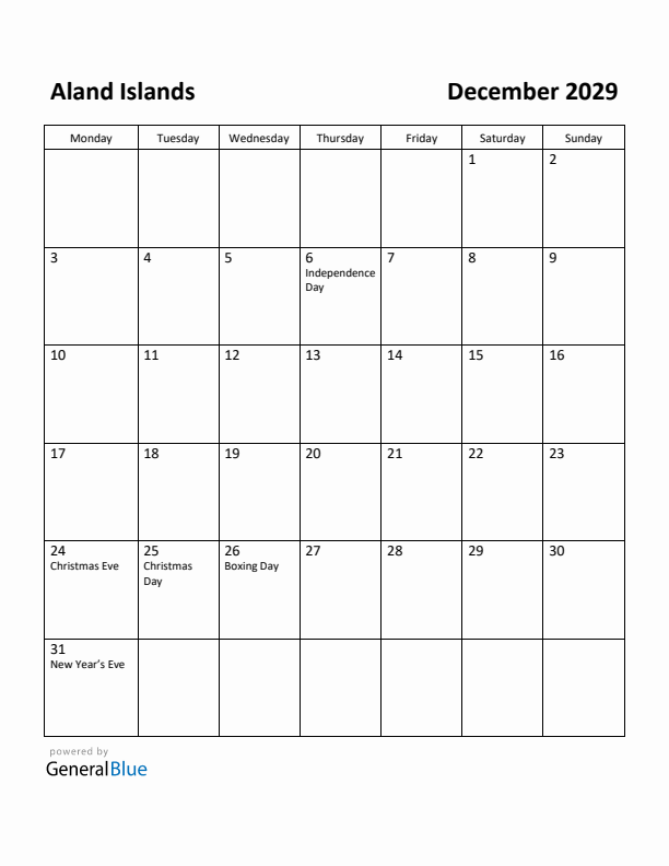 December 2029 Calendar with Aland Islands Holidays