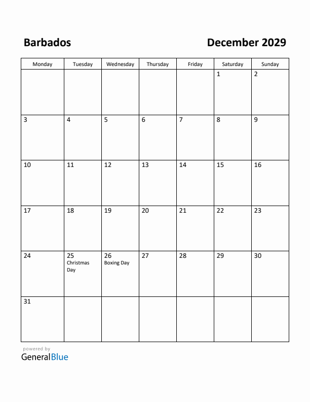 December 2029 Calendar with Barbados Holidays