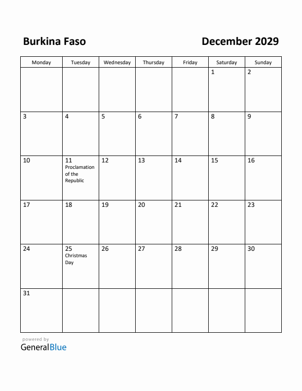 December 2029 Calendar with Burkina Faso Holidays