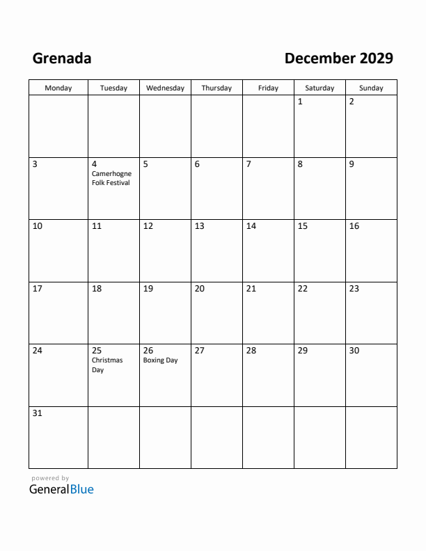 December 2029 Calendar with Grenada Holidays