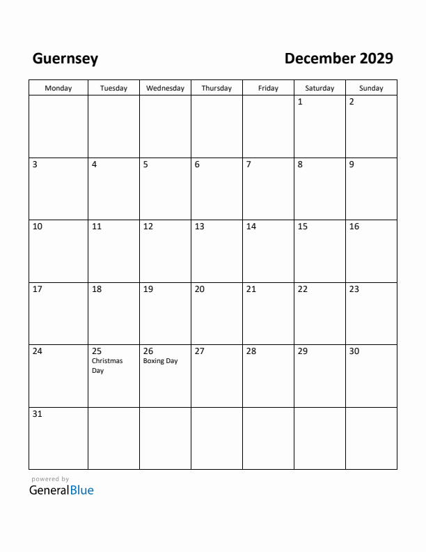 December 2029 Calendar with Guernsey Holidays