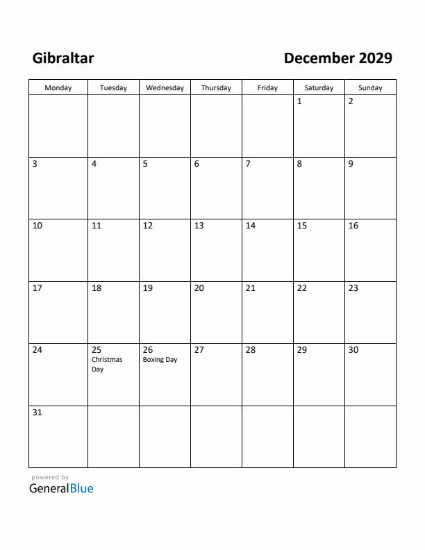 December 2029 Calendar with Gibraltar Holidays