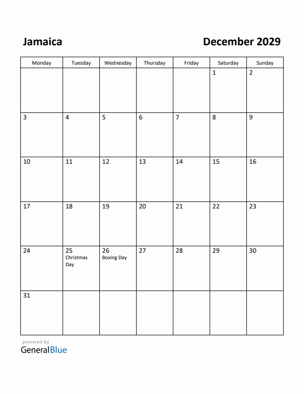 December 2029 Calendar with Jamaica Holidays