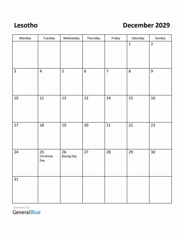 December 2029 Calendar with Lesotho Holidays