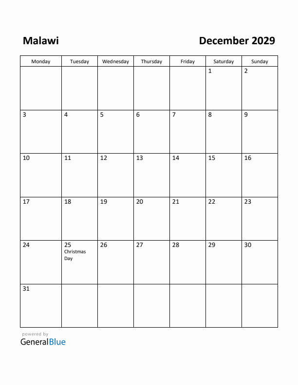 December 2029 Calendar with Malawi Holidays