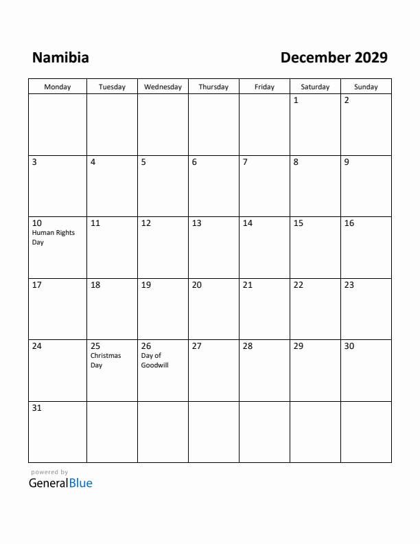 December 2029 Calendar with Namibia Holidays