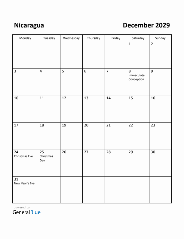 December 2029 Calendar with Nicaragua Holidays