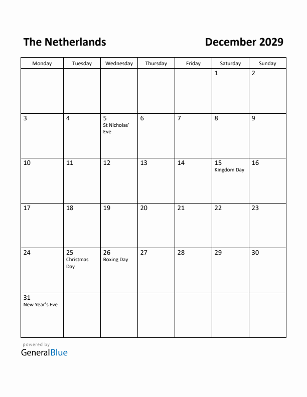 December 2029 Calendar with The Netherlands Holidays