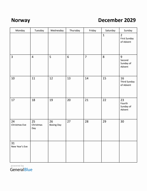 December 2029 Calendar with Norway Holidays