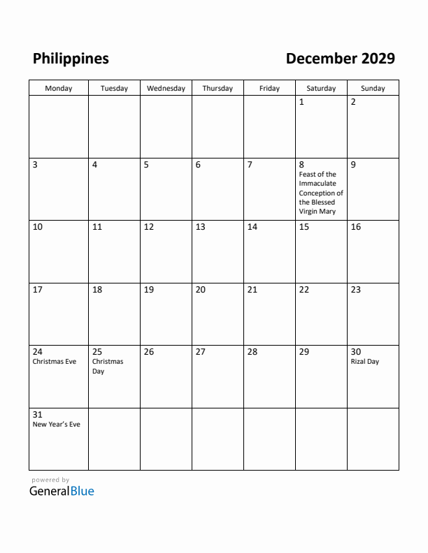 December 2029 Calendar with Philippines Holidays