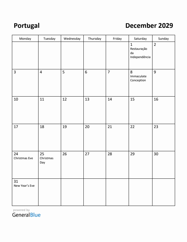 December 2029 Calendar with Portugal Holidays