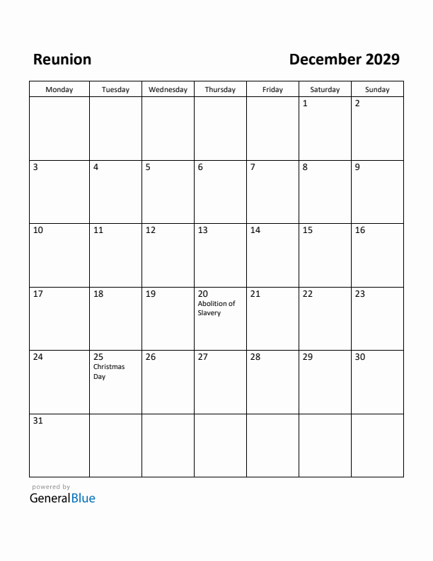 December 2029 Calendar with Reunion Holidays