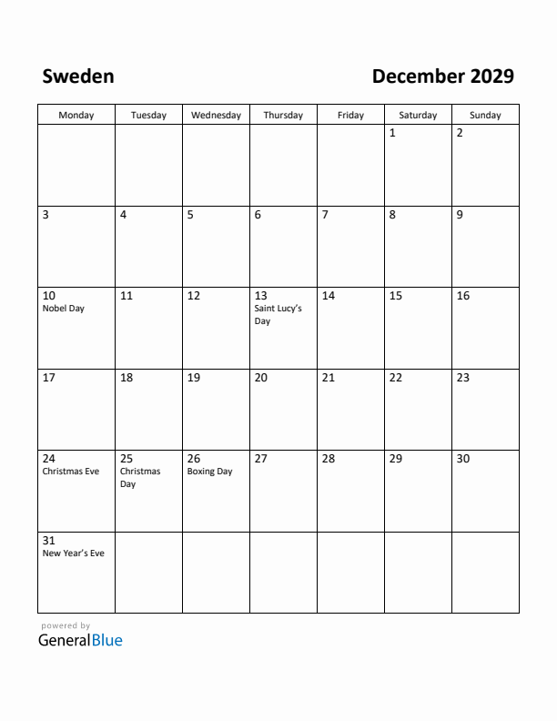 December 2029 Calendar with Sweden Holidays