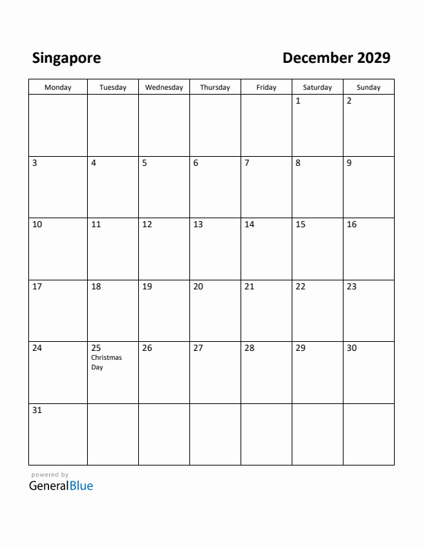 December 2029 Calendar with Singapore Holidays